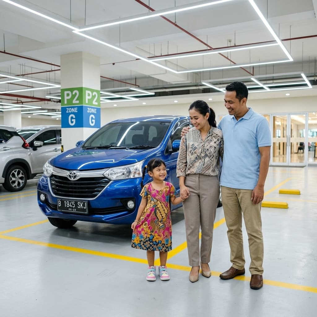 Keluarga berdiri di samping mobil mereka di area parkir indoor yang terang
